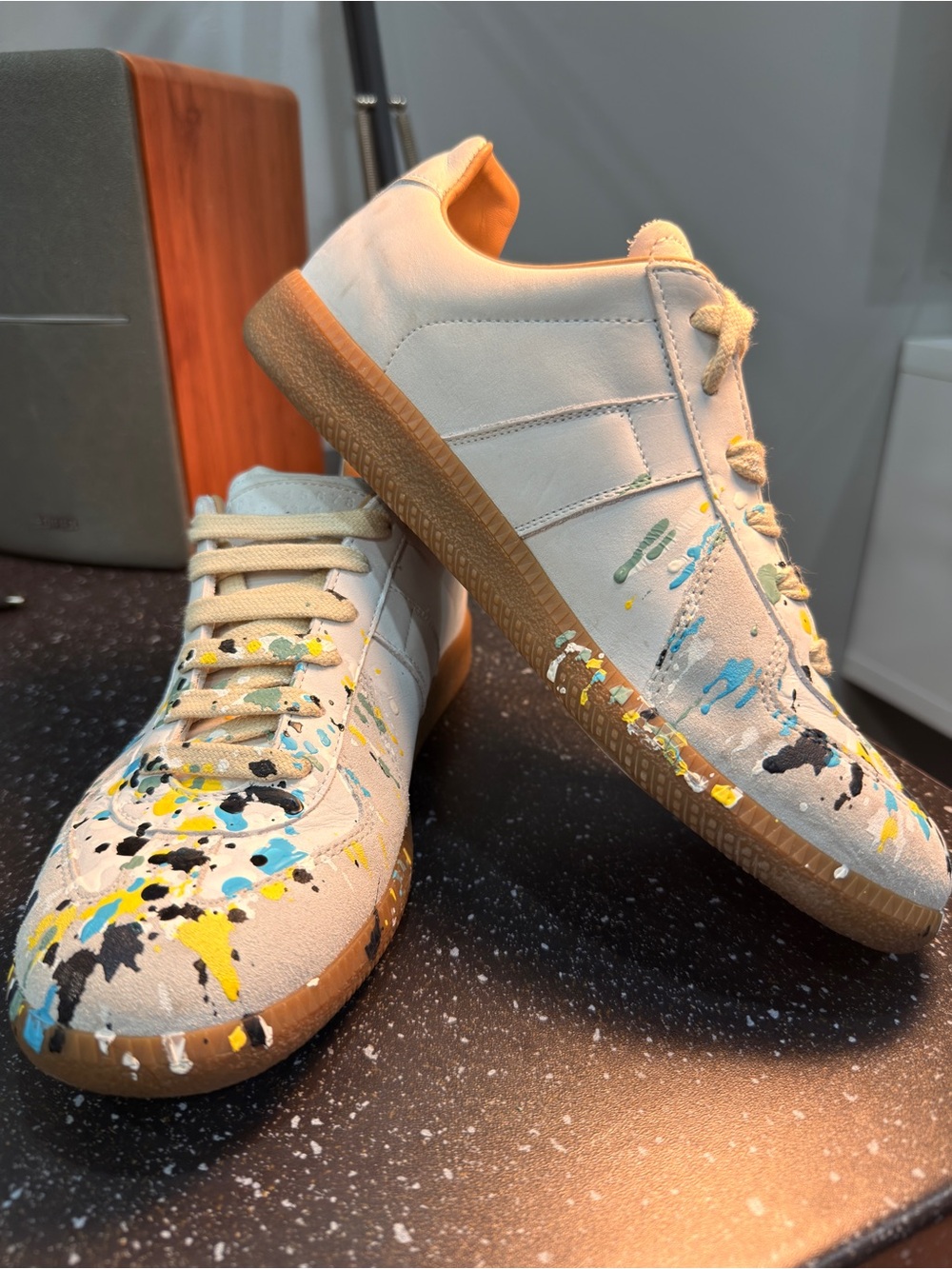 Maison Martin Margiela White Leather Sneakers with GAT Multicolor Paint Splatter